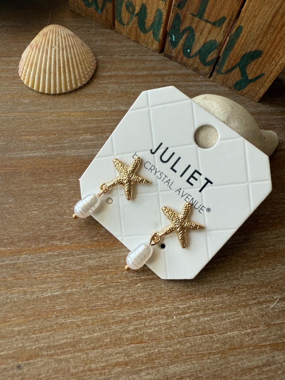 Gold Starfish Pearl Drop Earrings - Picture 10 of 11